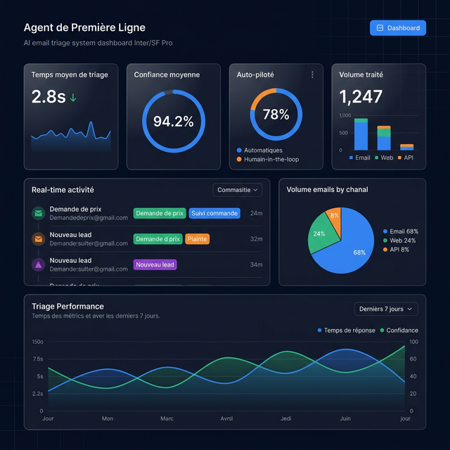 Dashboard Agent de Première Ligne — KPIs triage, confiance IA et volume par canal en temps réel