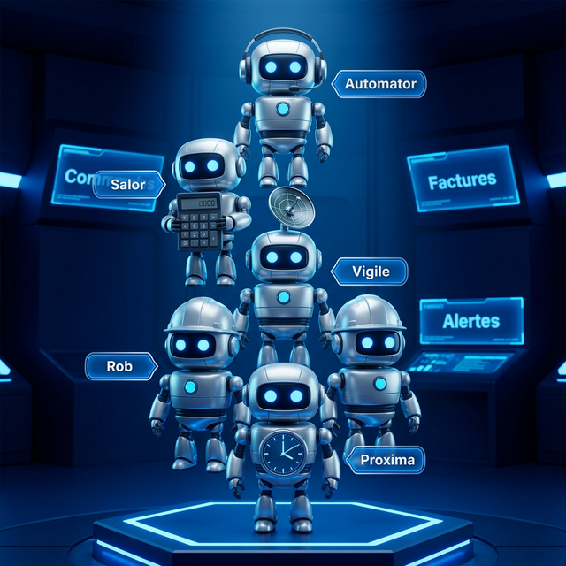 Équipe de 5 mini-bots IA Numérie — Automator, Salor, Vigile, Rob et Proxima