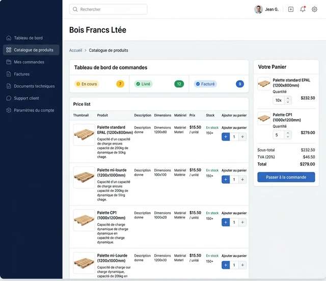 Exemple de portail client : catalogue de produits, panier et suivi des commandes